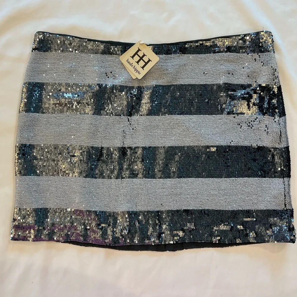 NEW Haute Hippie Striped Metallic Sequins 100% Silk Mini Skirt $395 MSRP LARGE - Picture 5 of 16